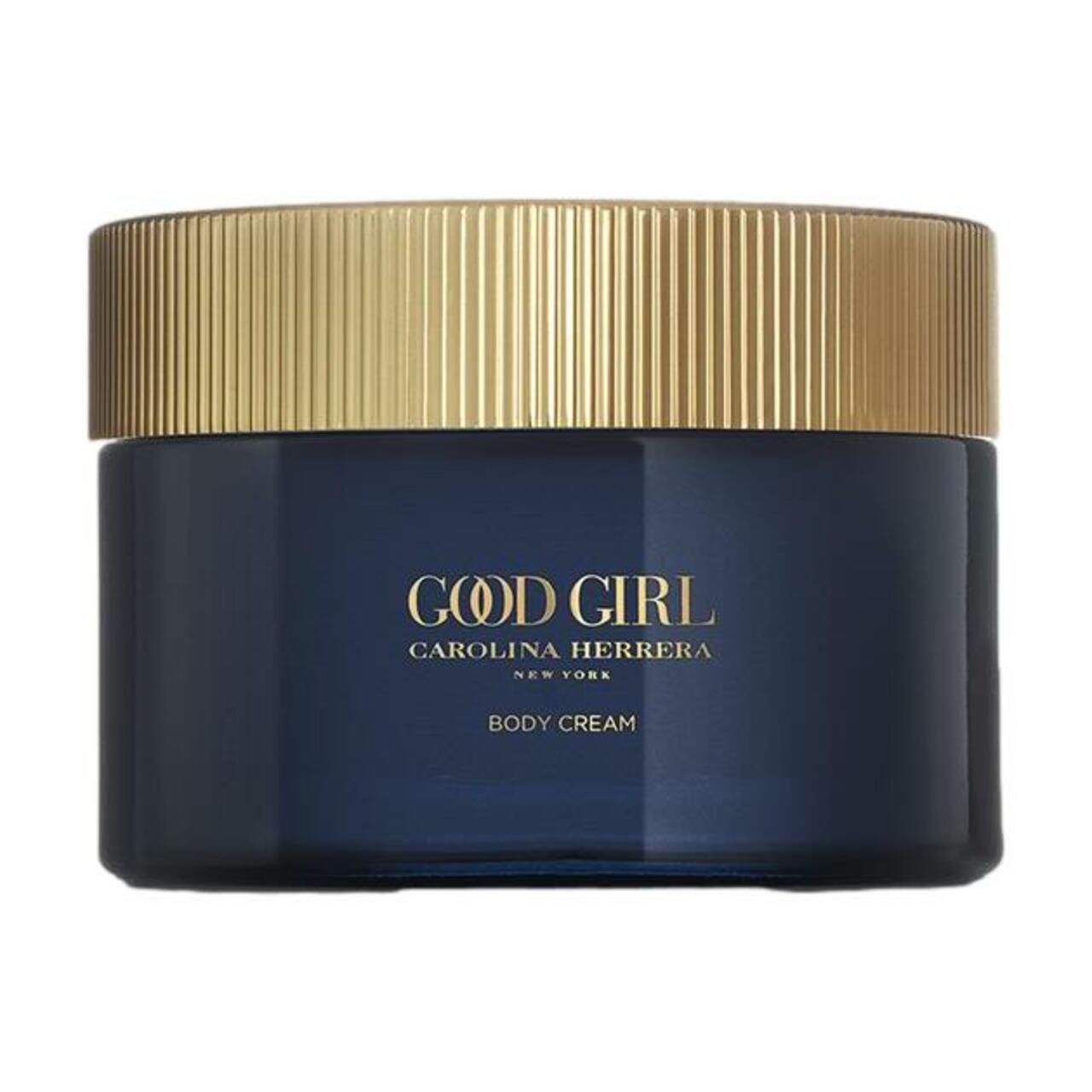 Dunkelblaue Creme-Dose mit goldenem Deckel. Aufschrift: Good Girl, Carolina Herrera, Body Cream.