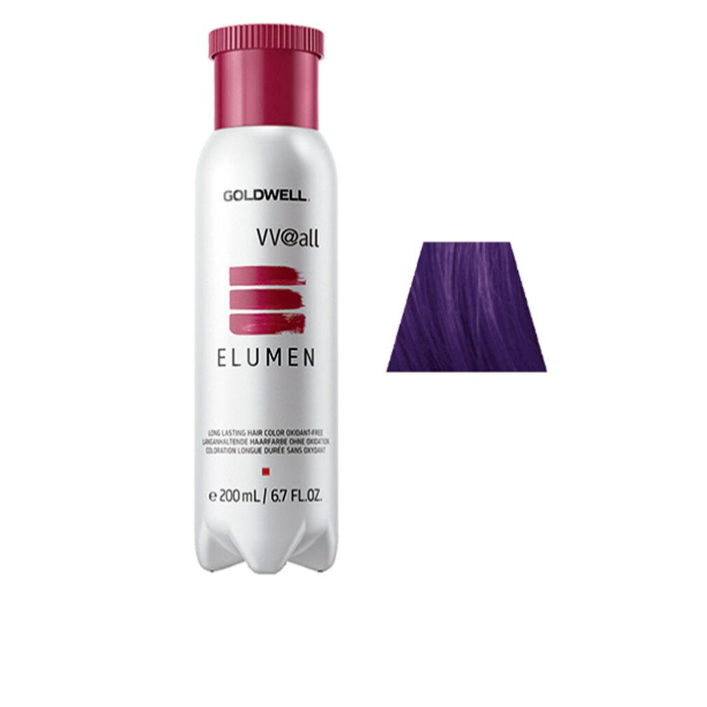 Goldwell Elumen vv@all. Flasche mit lila Haarfarbe und Farbmuster. Produktname und Volumenangabe sichtbar.