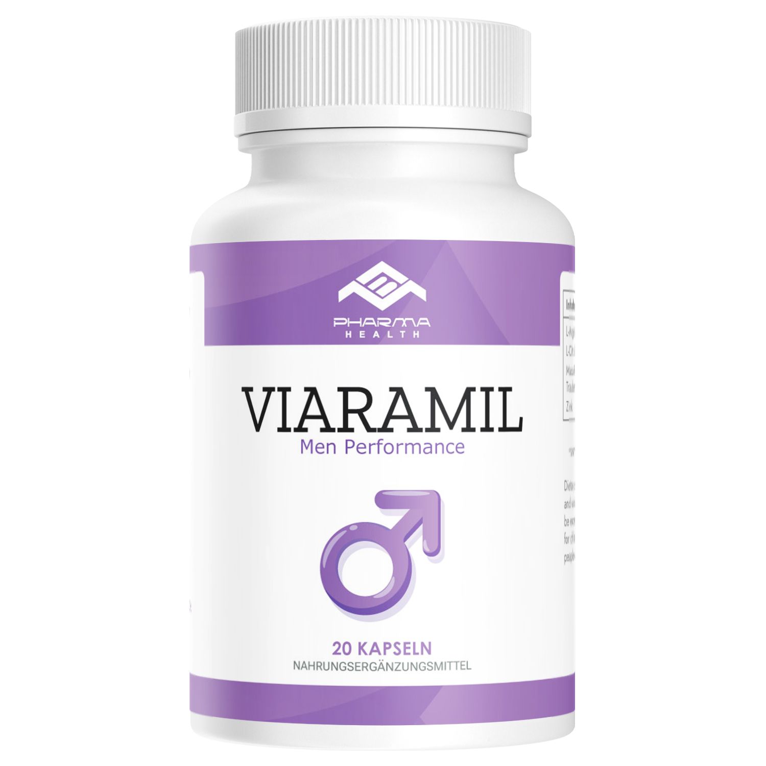 Weiße Flasche mit lila Etikett. Aufschrift: Viaramil Men Performance, 20 Kapseln. Logo: Pharma Health. Männliches Symbol.