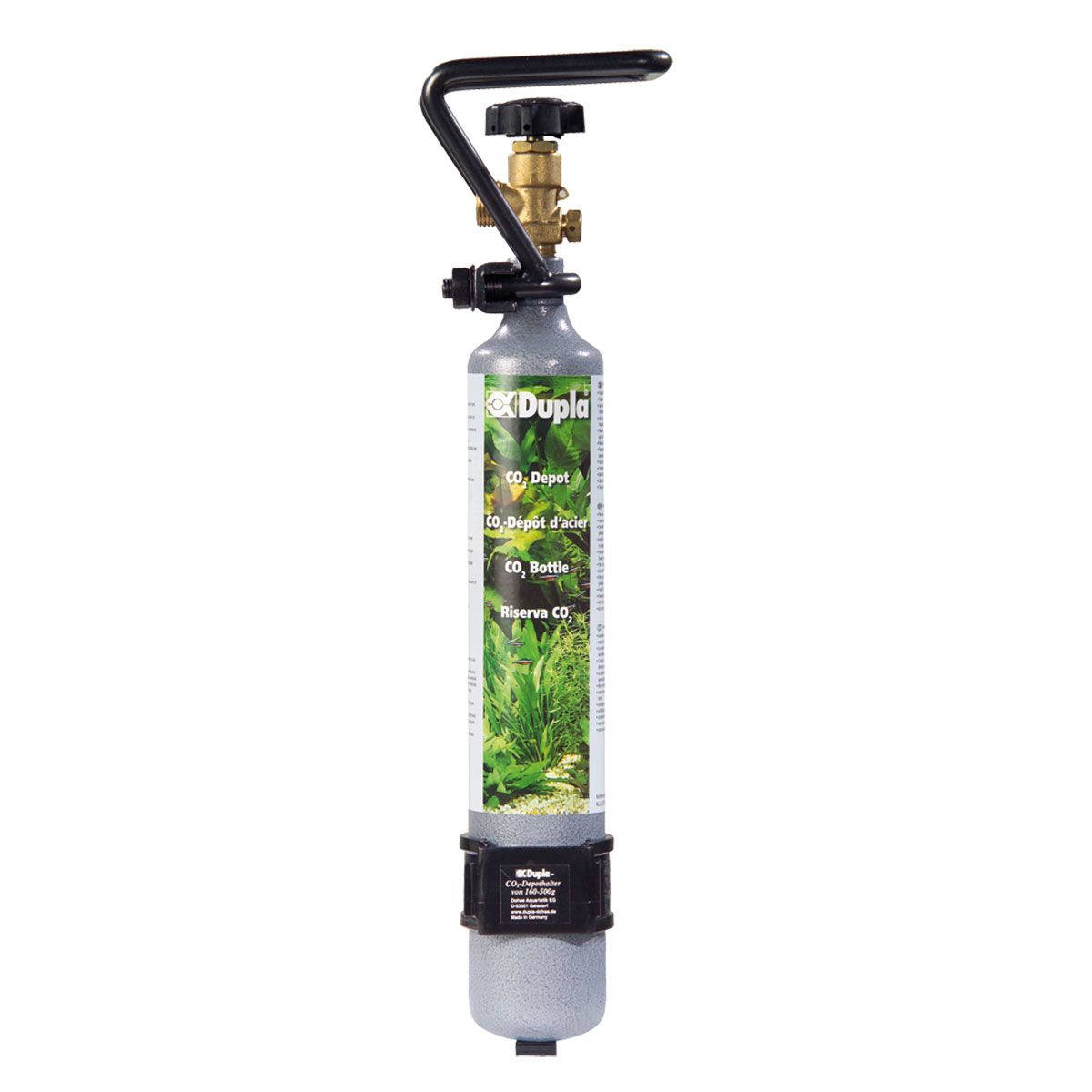 Graue CO2-Stahlflasche mit schwarzem Griff und Ventil. Beschriftung: Dupla, CO2 Depot, CO2 Bottle. Pflanzenmotiv.
