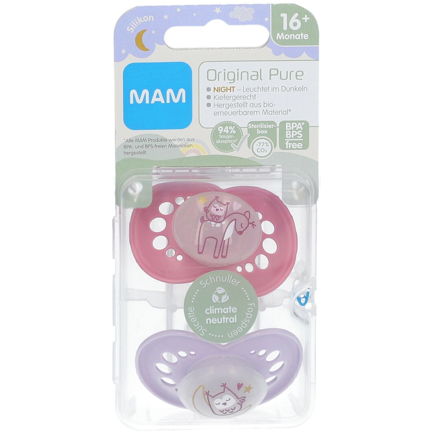 Emballage de deux sucettes MAM Original Pure Night en silicone, 16+ mois. Sucettes roses et violettes dans un emballage plastique.