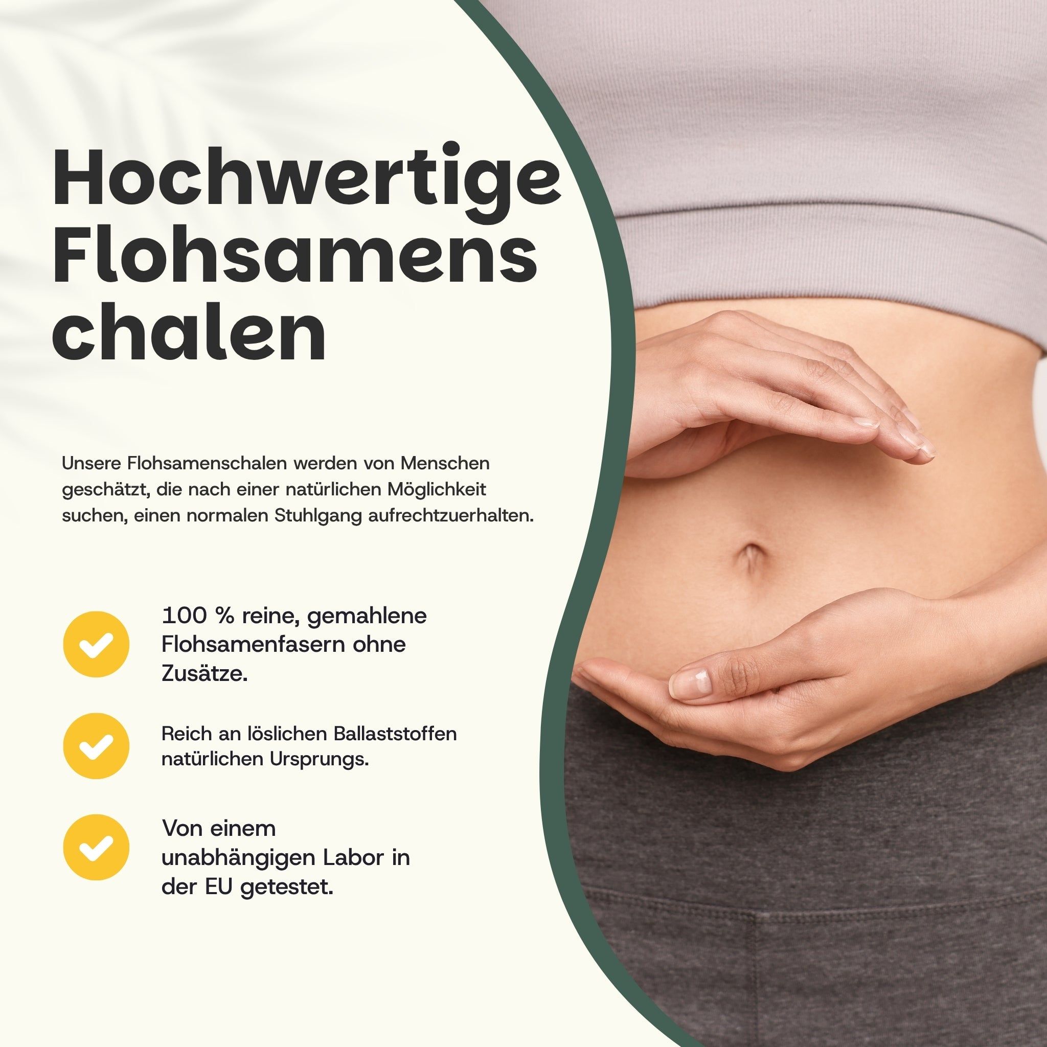Text mit Bauch. Text: Hochwertige Flohsamenschalen, 100% rein, gemahlen, ohne Zusätze.