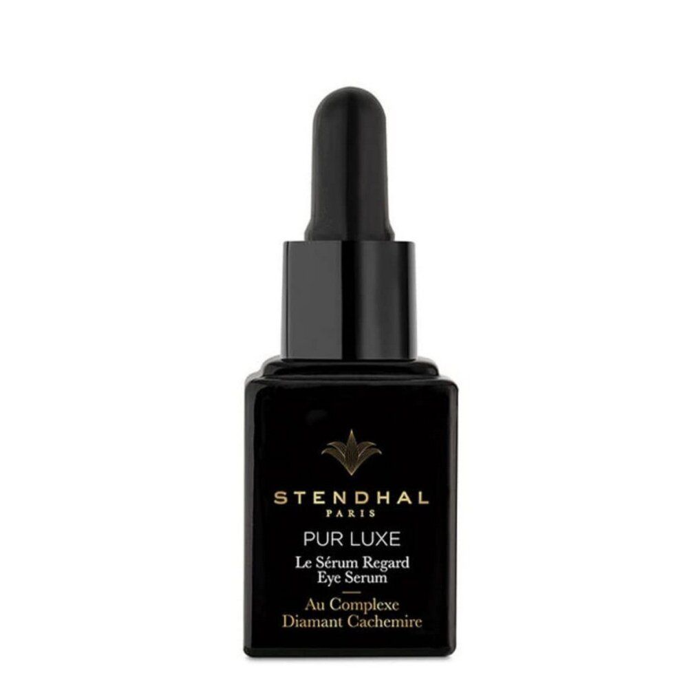 Schwarze Flasche mit Pipette. Aufschrift: Stendhal Paris, Pur Luxe, Le Sérum Regard Eye Serum, Au Complexe Diamant Cachemire.