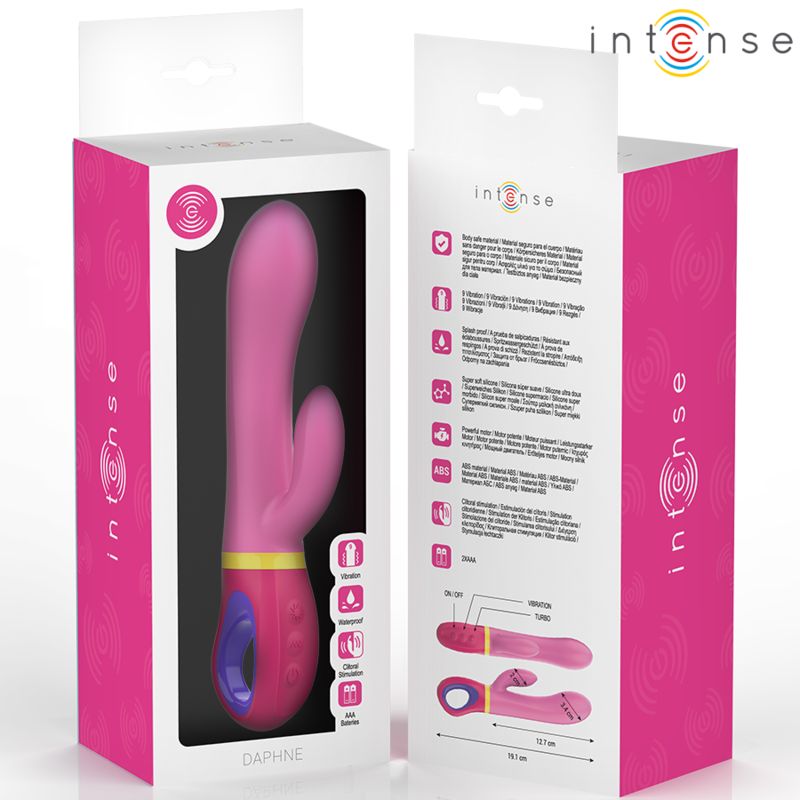 Verpackung mit rosa Vibrator. Auf der Verpackung sind Produktabbildungen und Informationen abgebildet.