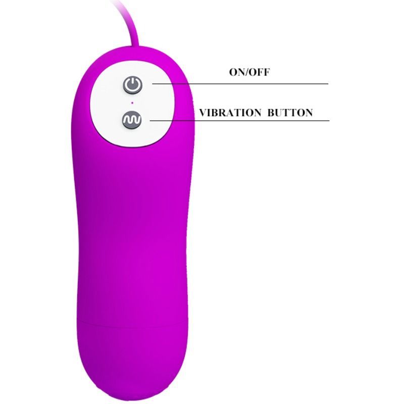 Nahaufnahme der Fernbedienung eines lila Vibrations-Eis. Beschriftung: ON/OFF und Vibration Button. Zwei Knöpfe.