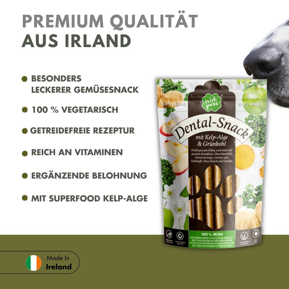 Verpackung 'Dental-Snack mit Kelp-Alge & Grünkohl' mit Hund und Gemüse.