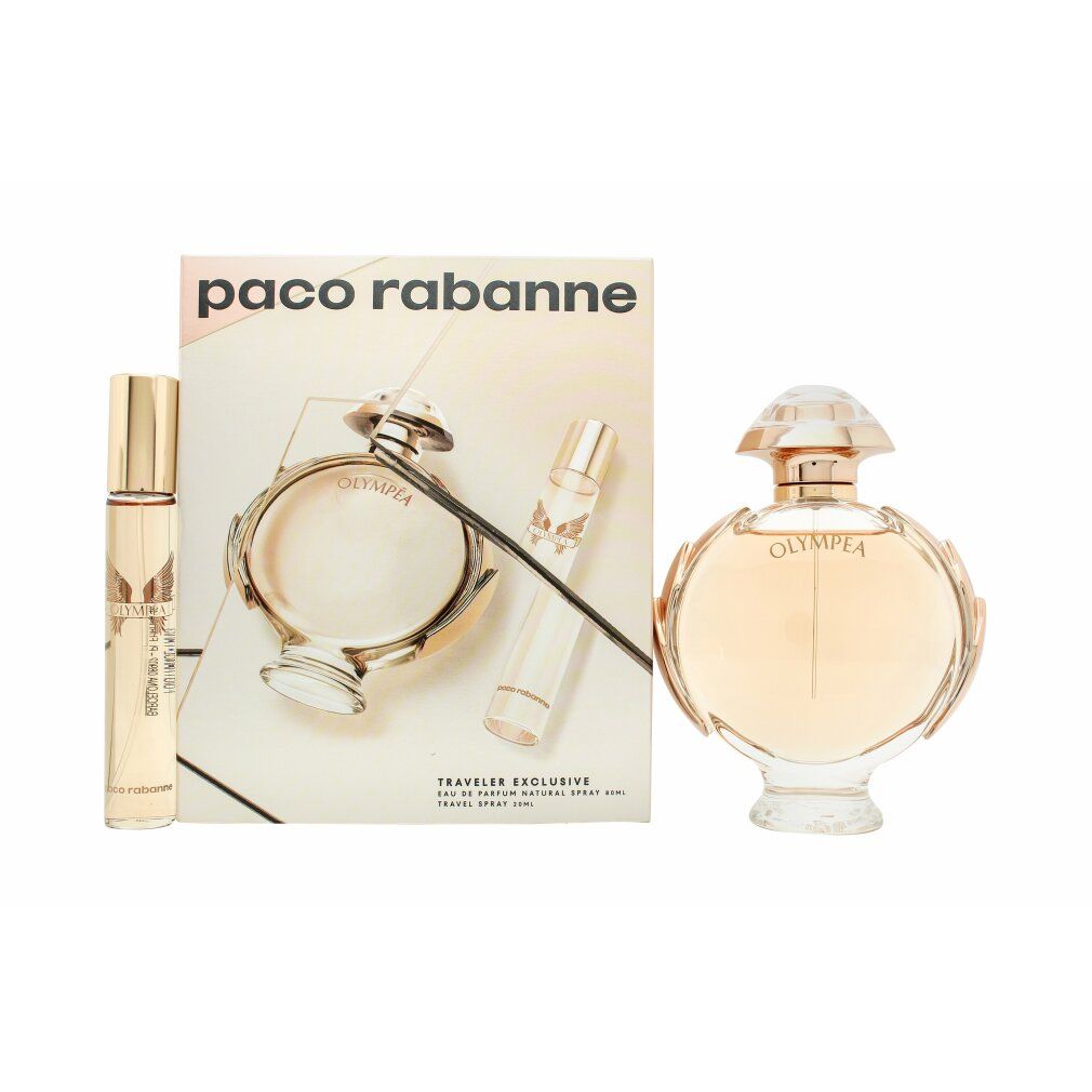 Parfüm-Set mit Flakon, Mini-Flakon und Zerstäuber. Verpackung mit Schriftzug Paco Rabanne und Olympea.