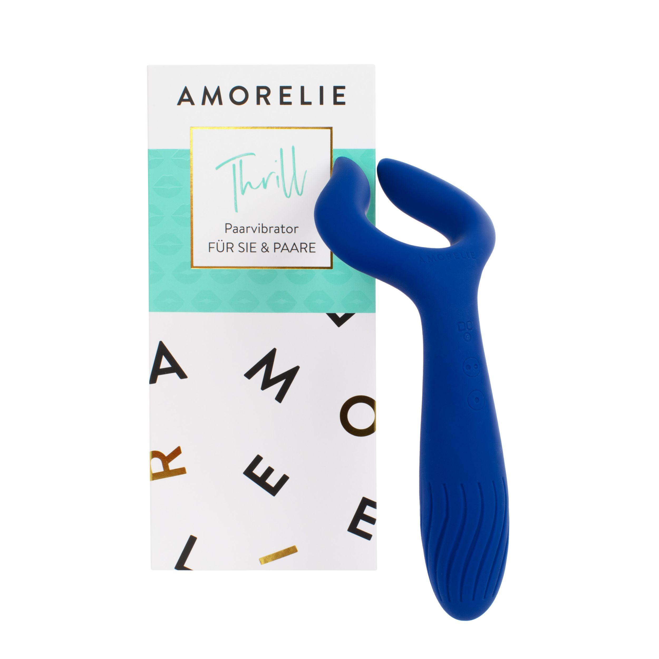 Blauer Paarvibrator mit Verpackung. Verpackung mit AMORELIE und Thrill-Schriftzug. Paarvibrator-Design mit U-Form.