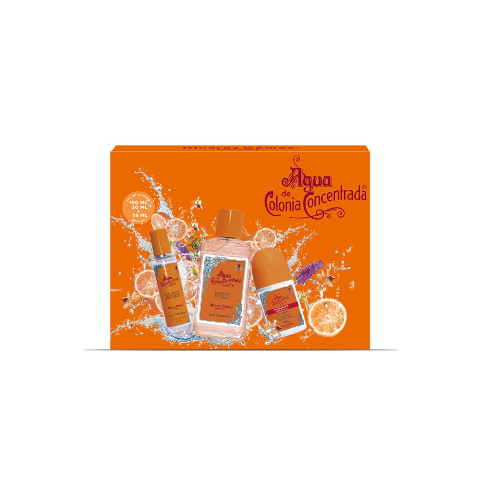 Geschenkset mit drei Produkten. Orangefarbene Verpackung mit 'Agua de Colonia Concentrada'. Produkte: Spray, Flasche, Roll-on.