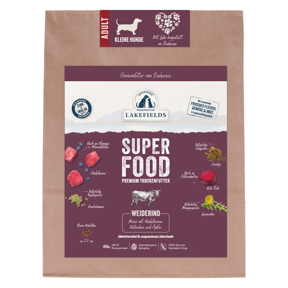 Lakefields - Superfood Premium Hundefutter Weiderind Komplettmenü für kleine 1000 g