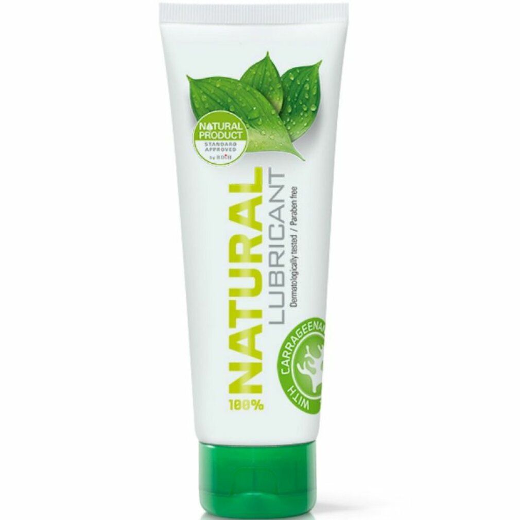Weiß-grüne Tube mit "NATURAL LUBRICANT" Schriftzug. Oben Blätter-Illustration, unten grüner Verschluss.