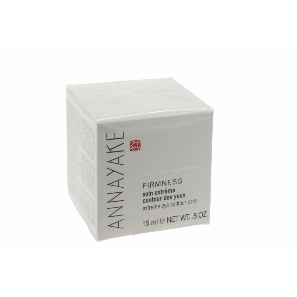 Weiße, quadratische Verpackung. Aufschrift: Annayaké, Firmness, soin extrême contour des yeux, extreme eye contour care. 15 ml.