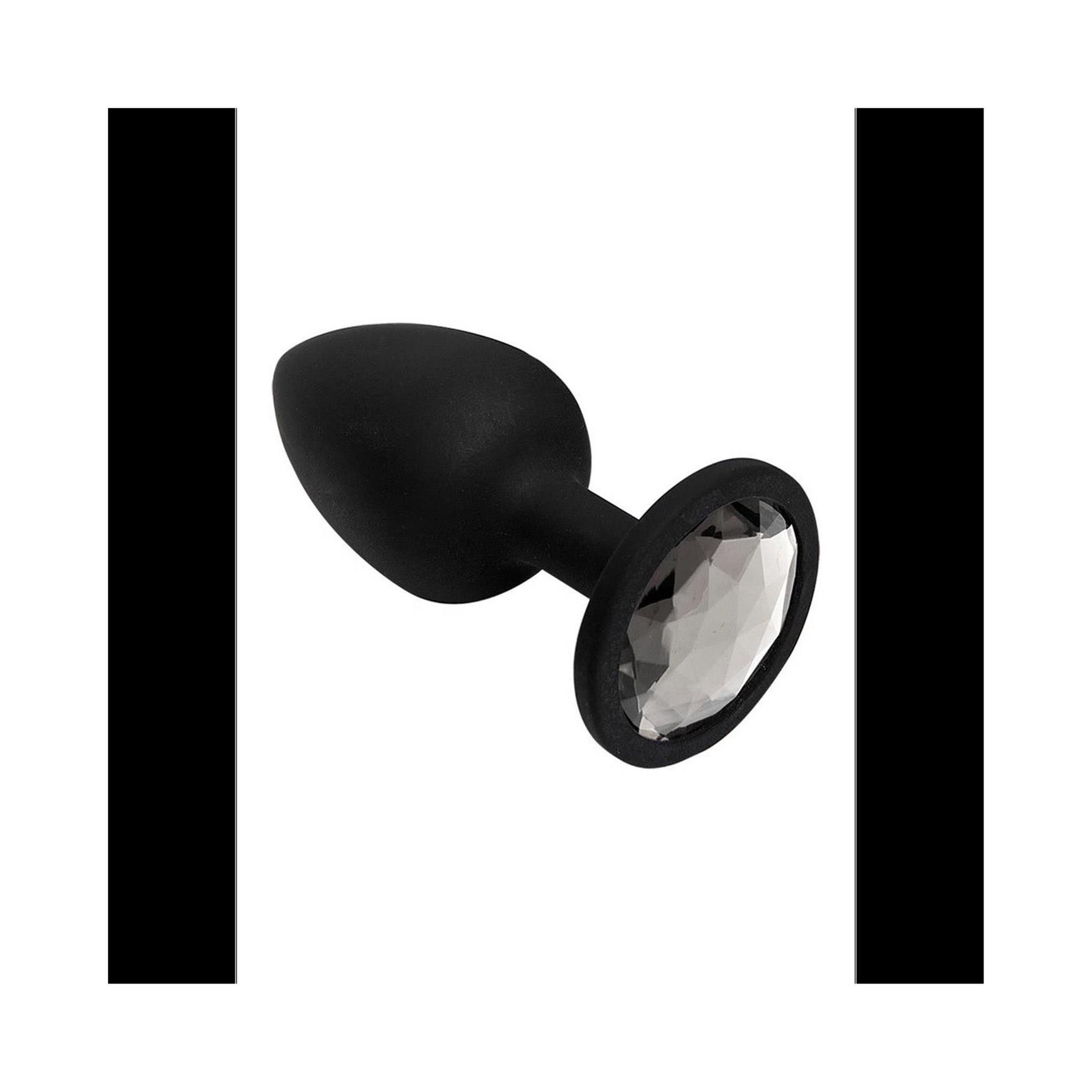 Schwarzer Butt Plug mit Kristallverzierung. Spatenförmiger Kopf, runder Sockel mit Schmuckstein.