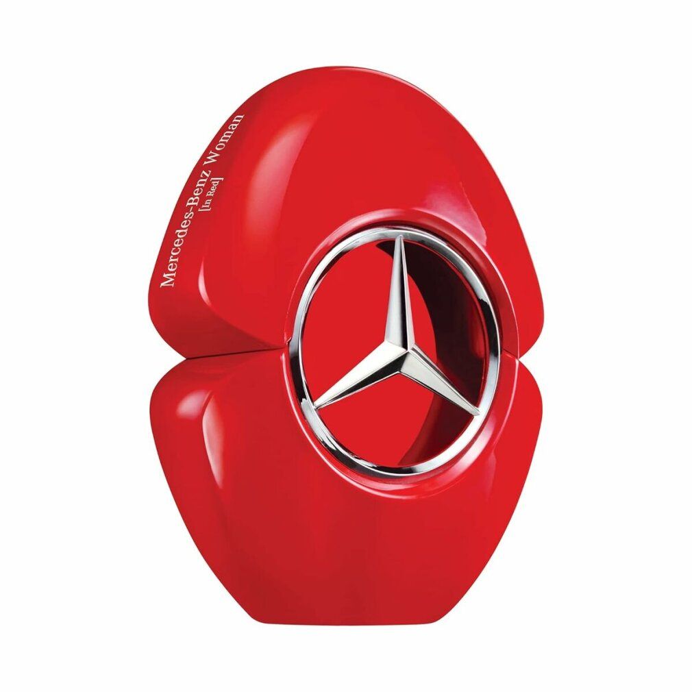 Rote Parfümflasche mit silbernem Mercedes-Benz-Logo. Ovale Form mit abgerundeten Enden. Glänzende Oberfläche. Text: Mercedes-Benz Woman.