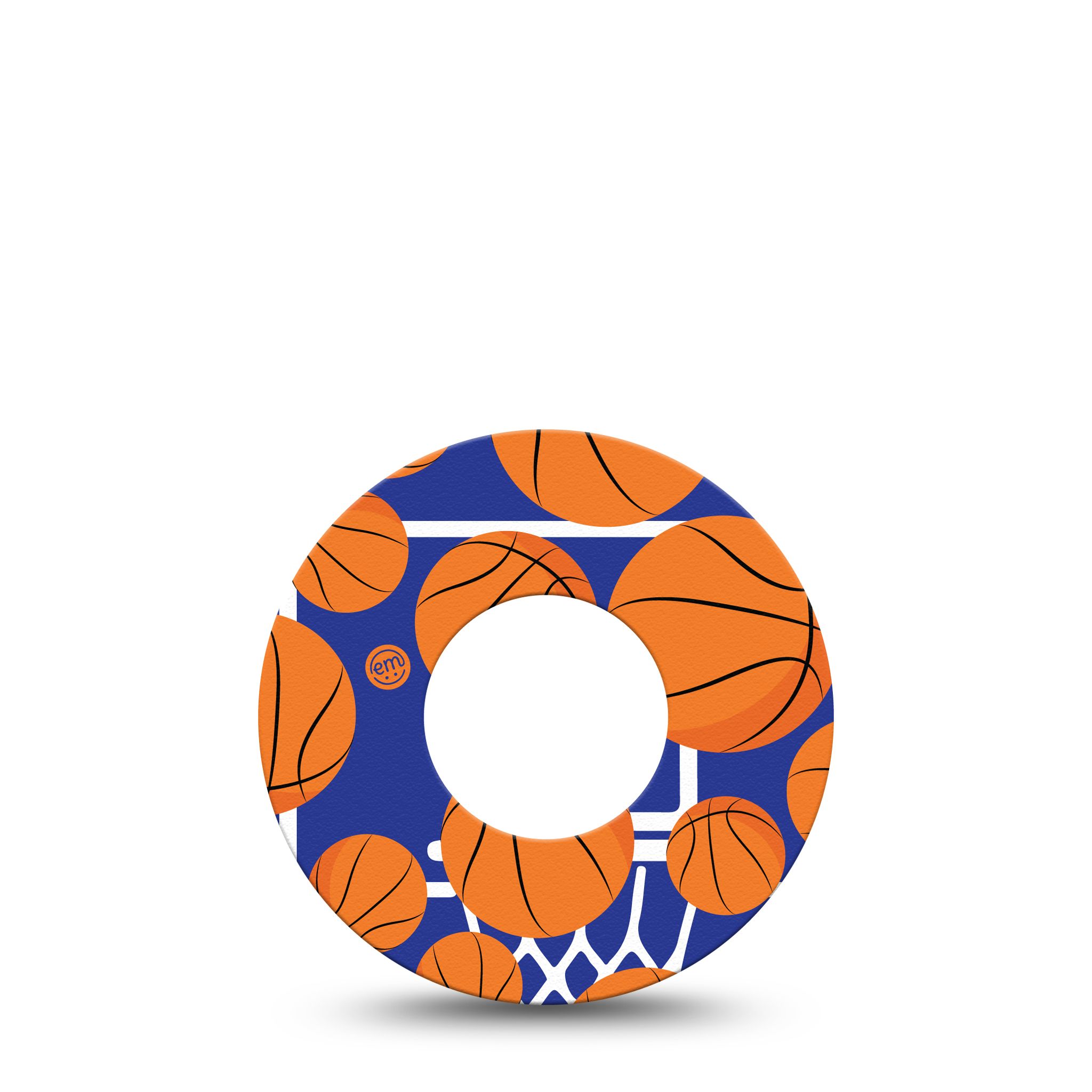 Rundes Pflaster mit Basketball-Muster. Blaue Grundfarbe, orangefarbene Basketball-Motive und weißer Basketballkorb.