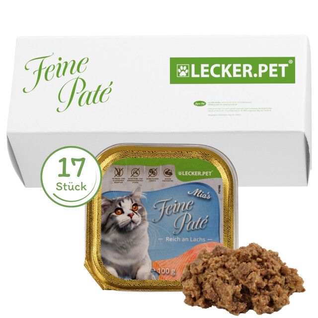 Katzenfutter-Packung mit 17 Einzelportionen. Einzelportion mit Katze und Lachs. Lecker.Pet Logo.