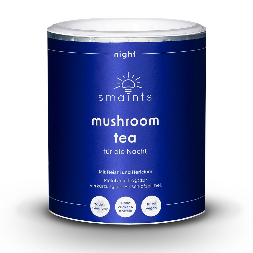 Blaue Dose mit Text: smaints mushroom tea für die Nacht. Mit Reishi und Hericium. Ohne Zucker & Koffein. 100% vegan.