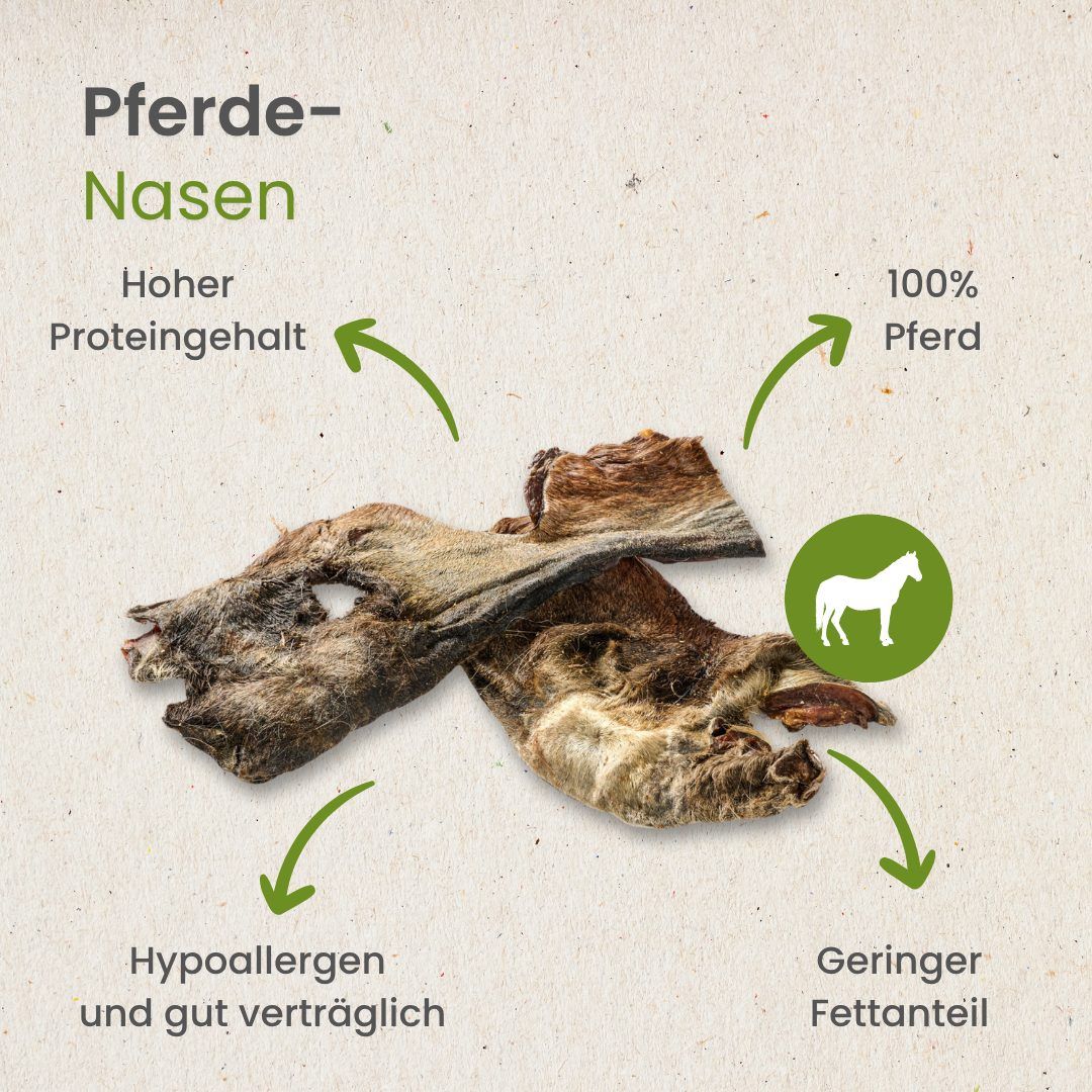 Getrocknete Pferde-Nasen für Hunde, 15-30 cm lang.