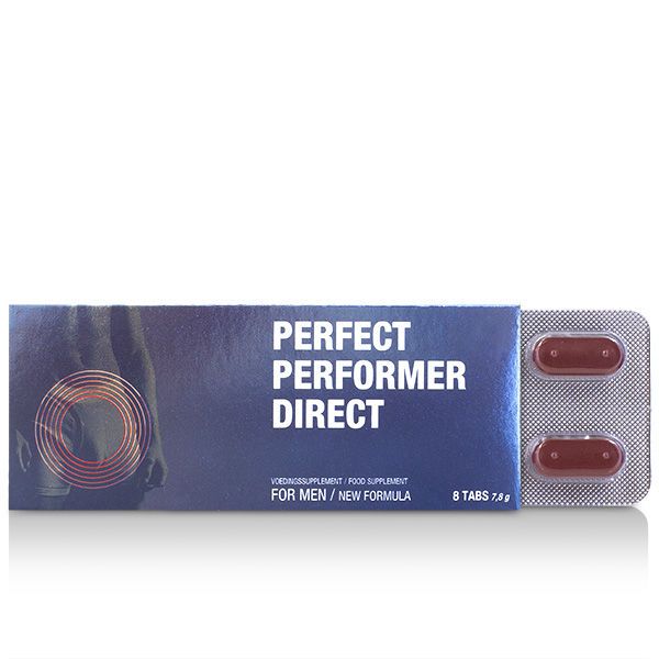 Blisterpackung mit zwei Kapseln neben einer Schachtel. Auf der Schachtel steht "PERFECT PERFORMER DIRECT".