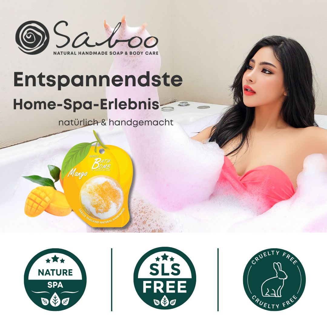 Frau in Badewanne mit Schaum. Mango-Badebombe in Verpackung. Logos: Nature Spa, SLS Free, Cruelty Free.