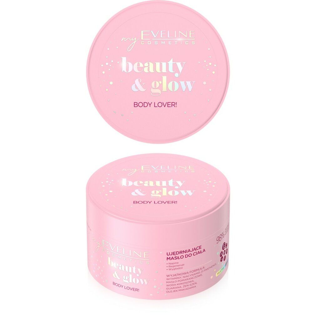 Rosa Dose mit Deckel. Aufschrift: beauty & glow, BODY LOVER! Marke Eveline Cosmetics.