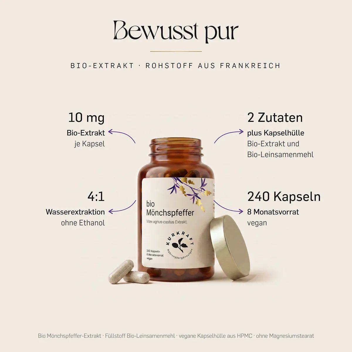 Flasche bio Mönchspfeffer Kapseln, 10 mg Extrakt, 4:1 Wasserextraktion, 240 Kapseln, 8 Monate Vorrat, vegan.
