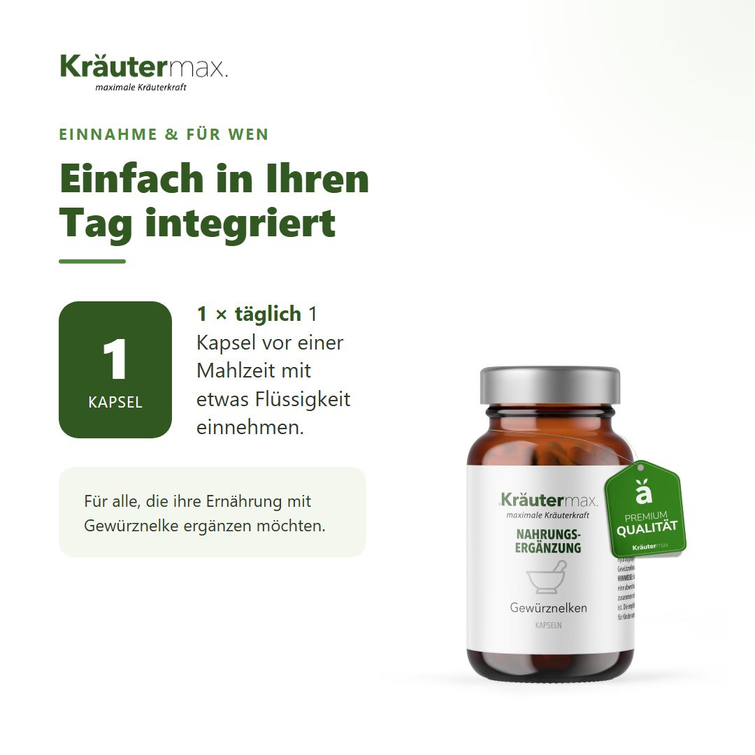 Anwendungshinweis: 1 Kapsel täglich. Flasche Kräutermax Gewürznelken Kapseln mit Qualitätssiegel.