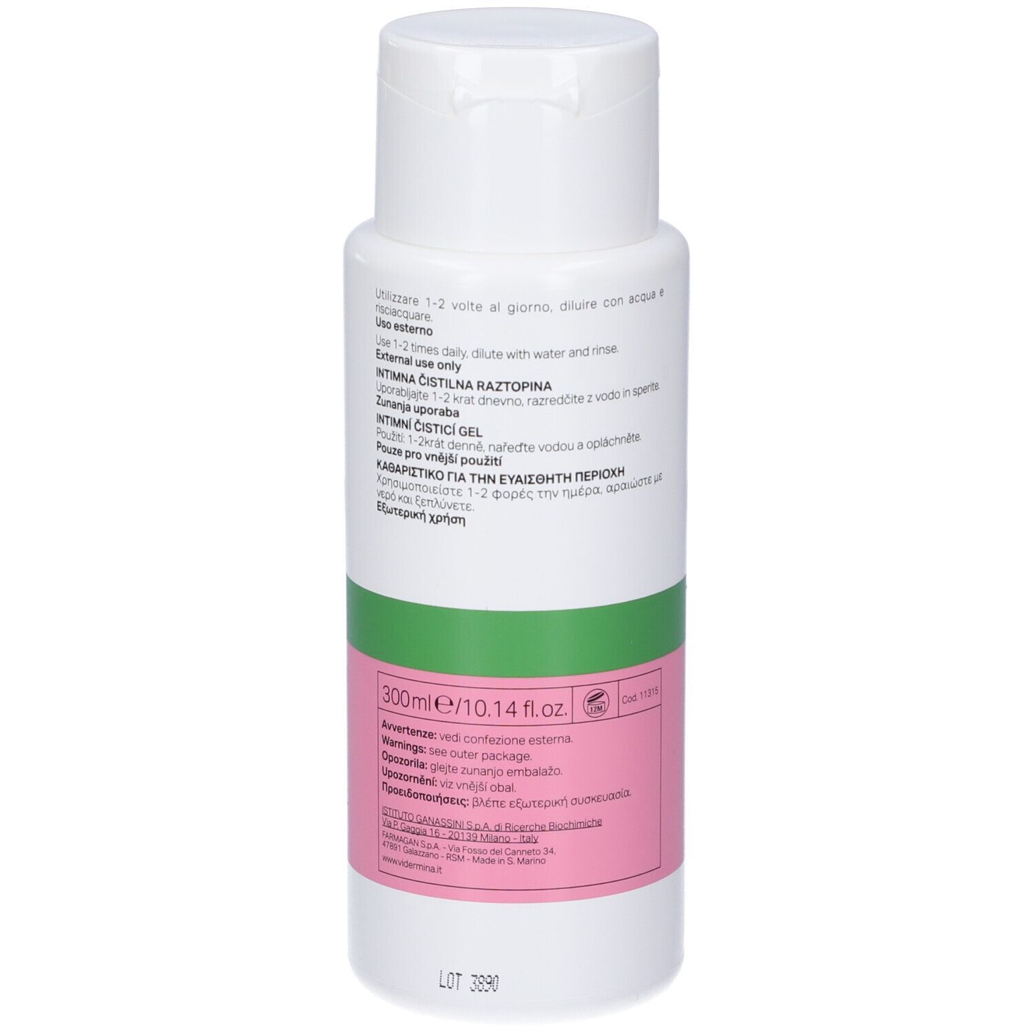 Rückseite der Vidermina CLX-attiva Intimreiniger Flasche mit Anwendungshinweisen und Inhaltsstoffen.