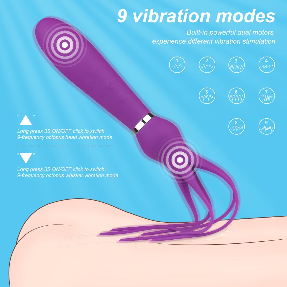 Lila Vibrator mit tentakelartigen Enden. Zylindrischer Griff, silberner Ring. Vier Tentakel. Aus Silikon.