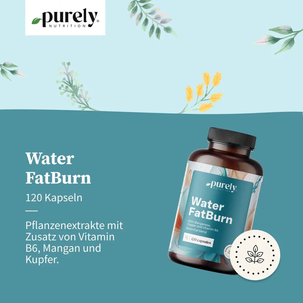 Frau trinkt Wasser, daneben Flasche Purely Nutrition Water FatBurn (120 Kapseln).