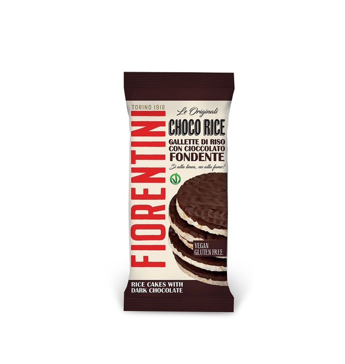 La confezione mostra "Gallette di Riso con Cioccolato Fondente" di Fiorentini. Il prodotto sono gallette di riso con cioccolato fondente, vegane e senza glutine. Il design è in marrone e bianco, con il marchio Fiorentini in rosso.