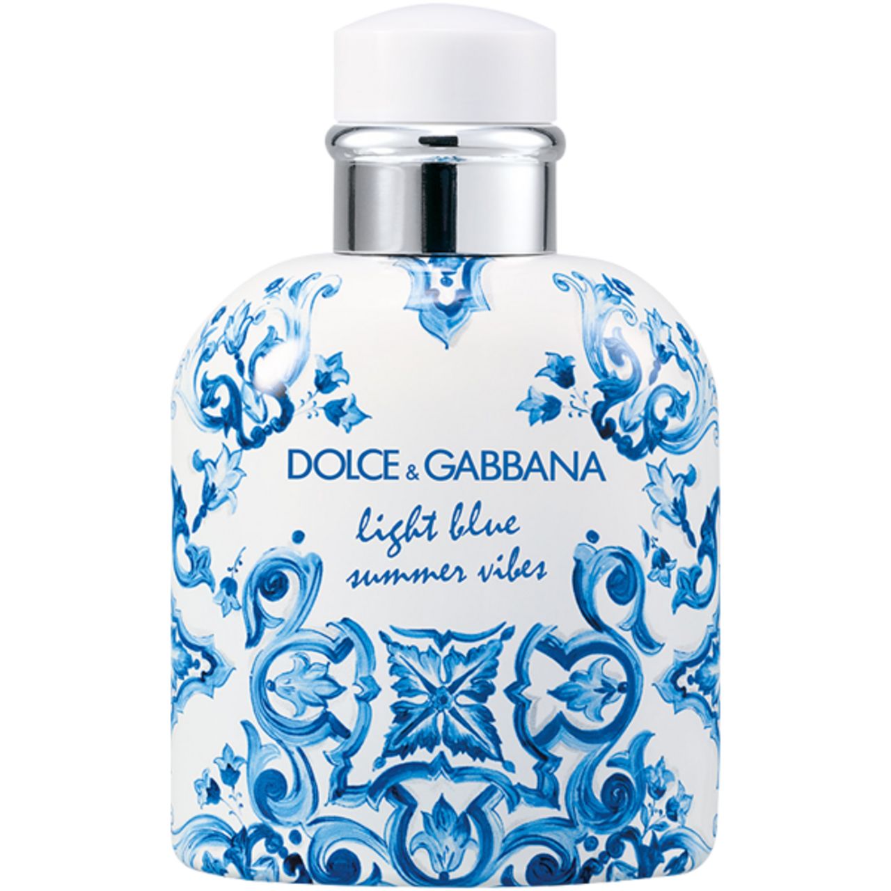 Parfümflakon mit blau-weißem Muster. Aufschrift: Dolce & Gabbana Light Blue Summer Vibes.