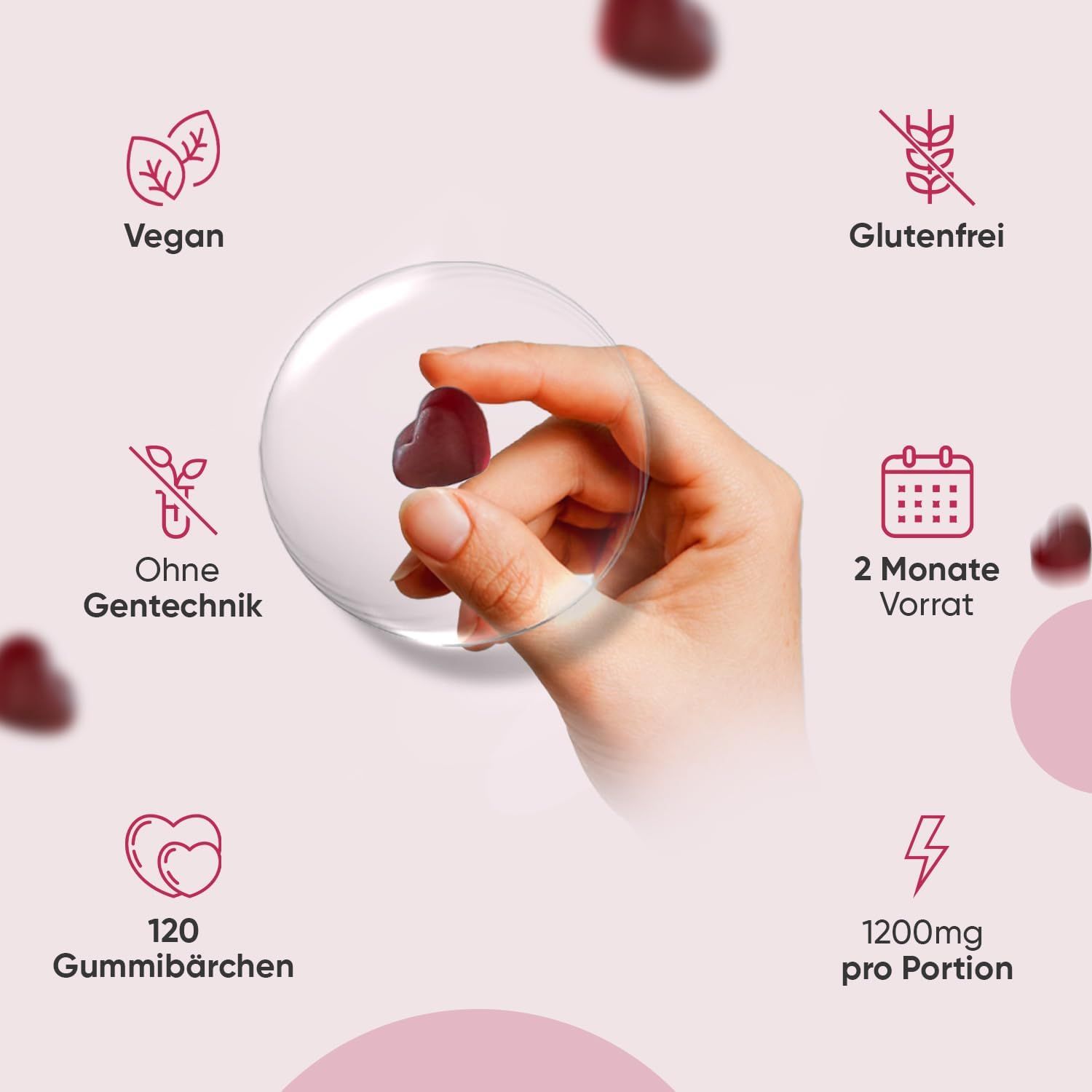 Hand mit herzförmiger Gummibärchen. Symbole: Vegan, ohne Gentechnik, 2 Monate Vorrat, 120 Gummibärchen, 1200mg pro Portion.