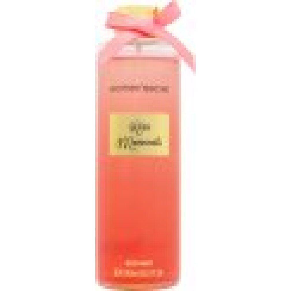 Körpernebel-Flasche mit rosa Schleife. Aufschrift: Women'secret, Kiss Moments. Goldfarbenes Etikett. Transparente Sprühvorrichtung.