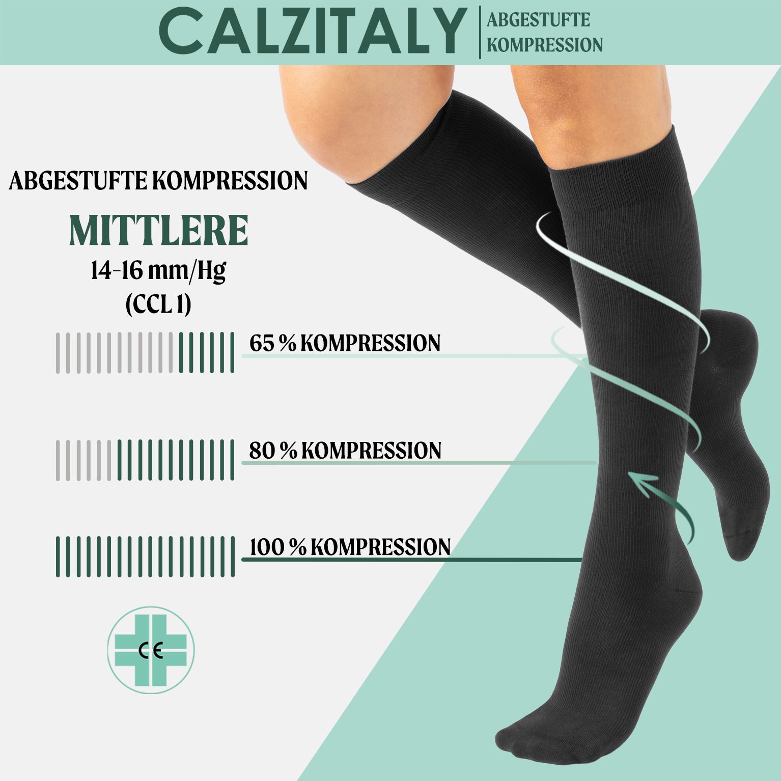CALZITALY Unisex Kniestrümpfe aus Baumwolle Abgestufter Kompression 14-16 mm/Hg Made in Italy