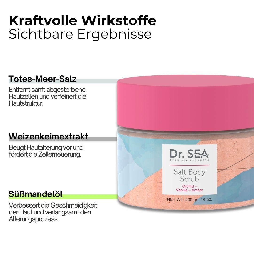 Glasbehälter mit rosa Deckel. Etikett mit "Dr. SEA" und "Salt Body Scrub". Text: Totes-Meer-Salz, Weizenkeimextrakt, Süßmandelöl. Nettogewicht 400 g.