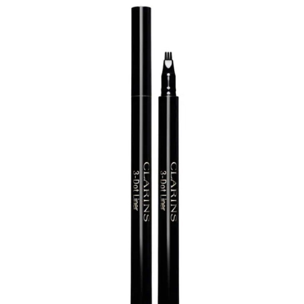 Clarins 3-Dot Liner, schwarz. Der Applikator hat drei Spitzen. Der Stift ist geöffnet.