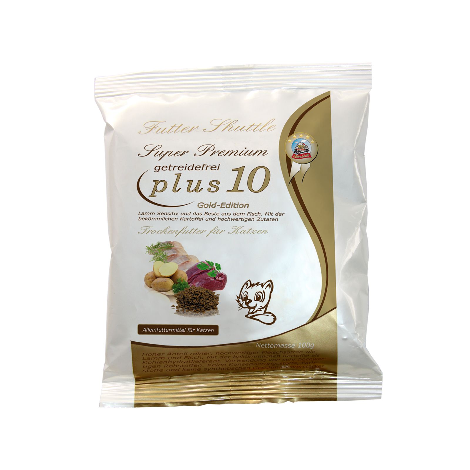 Beutel Getreidefreies Katzenfutter Plus 10. Gold-Edition. Abbildung von Zutaten und Katze. Text: Futter Shuttle Super Premium.