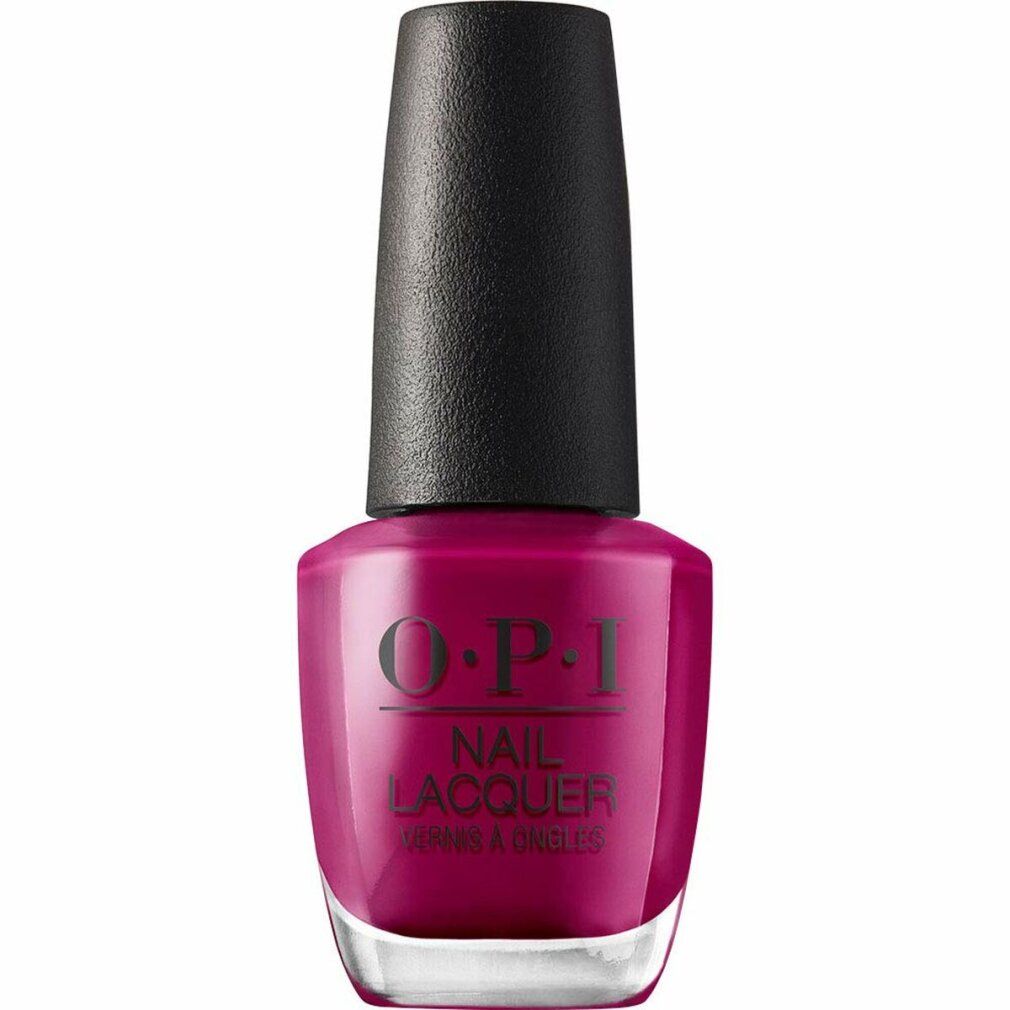 Nagellackflasche mit schwarzem Deckel. OPI-Logo und Schriftzug 'NAIL LACQUER' und 'VERNIS À ONGLES' sind sichtbar. Farbe: Pflaume.