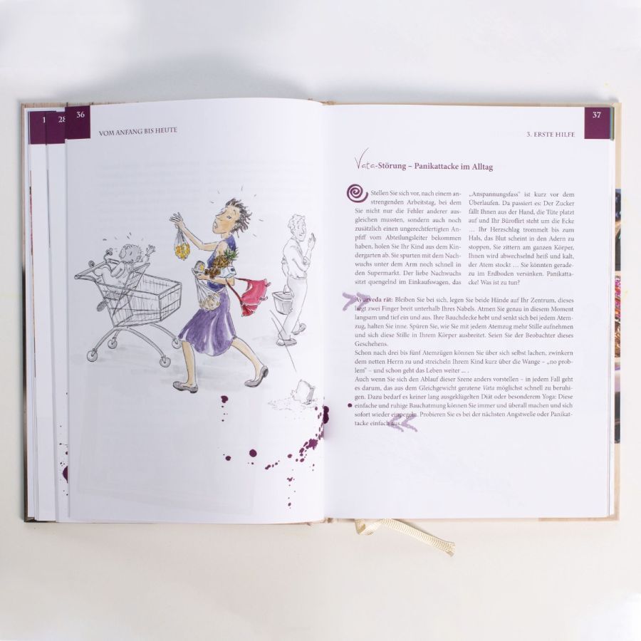 Offenes Buch mit Illustrationen und Text. Eine Frau mit Einkaufswagen. Text in deutscher Sprache. Lesezeichen.