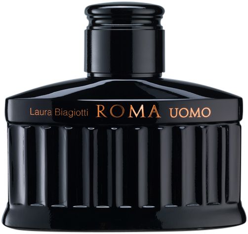 Schwarzer Flakon mit goldfarbenem Schriftzug ROMA UOMO von Laura Biagiotti. Vertikale Rillen am Flakon.