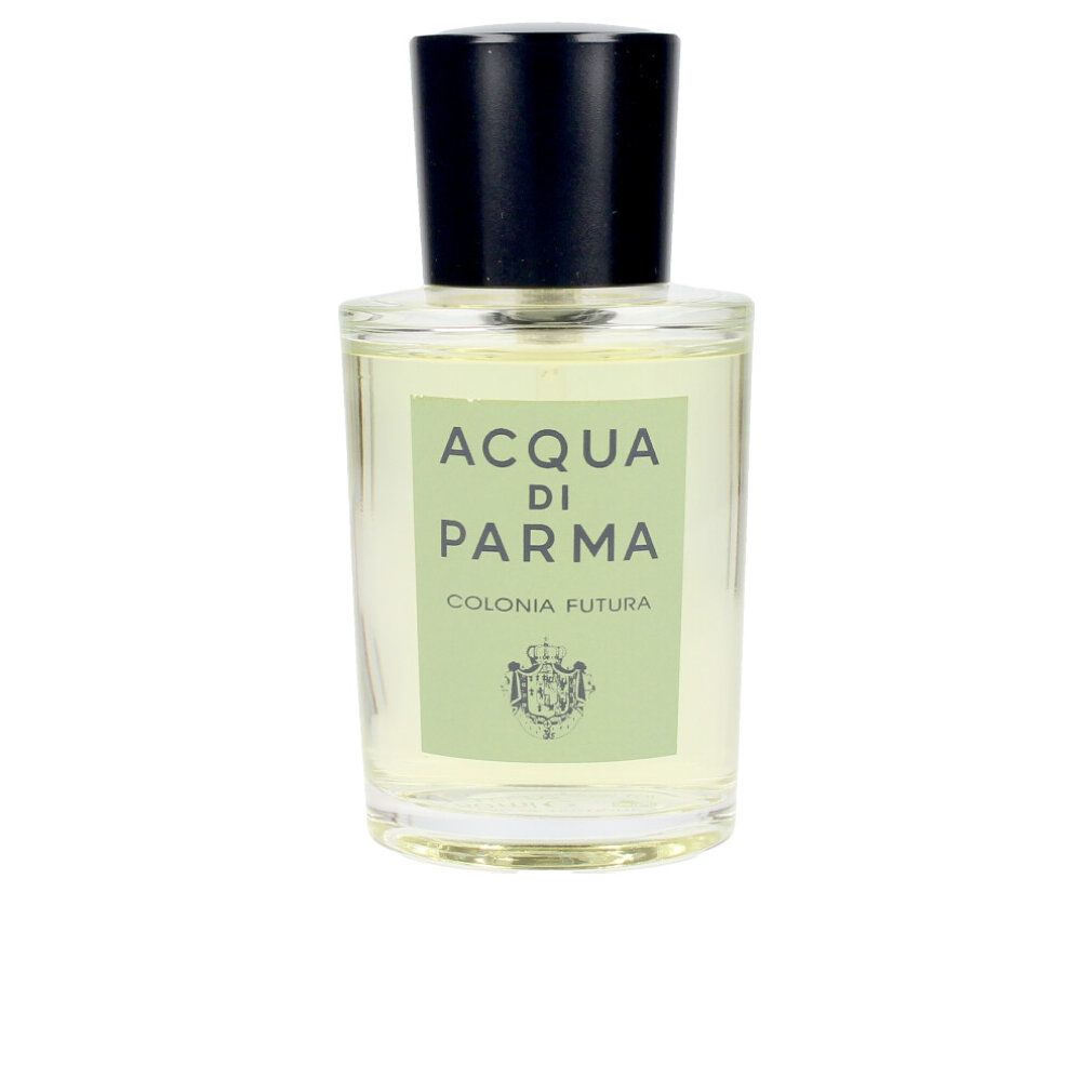 Parfümflakon mit schwarzem Deckel. Aufschrift: Acqua di Parma Colonia Futura.