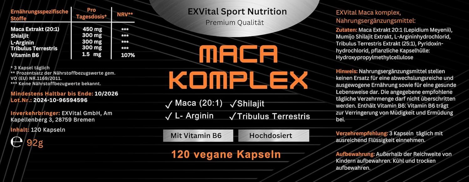 EXVital® Maca Komplex mit Tribulus terrestris, Shilajit, L-Arginin & Vitamin B