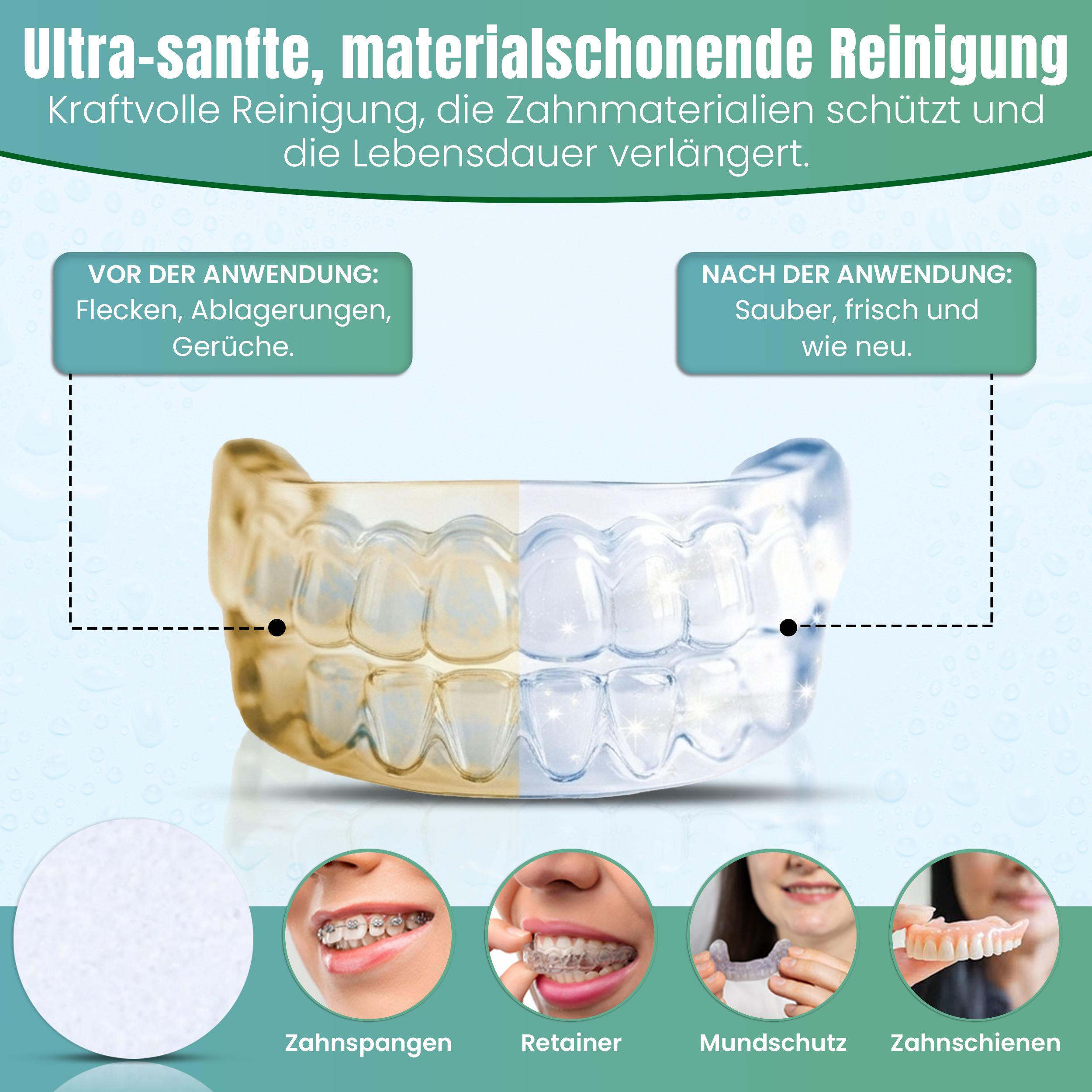 Zahnspange, Retainer, Mundschutz, Zahnschiene. Vorher/Nachher. Text: Ultra-sanfte, materialschonende Reinigung.