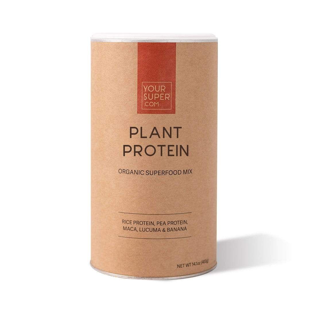 Zylindrische Dose mit Aufschrift "Your Super" und "Plant Protein". Braune Verpackung mit weißem Deckel.