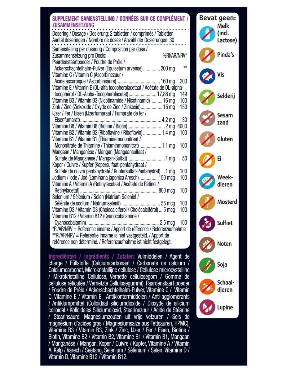 Rückseite der Verpackung von Lucovitaal Huid, Haar & Nagels Tabletten. Enthält Informationen zu Inhaltsstoffen, Dosierung und Allergenen.