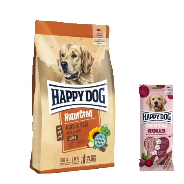 Happy Dog Premium NaturCroq Rind und Reis + Dental Rolls für Hunde 15,1 kg