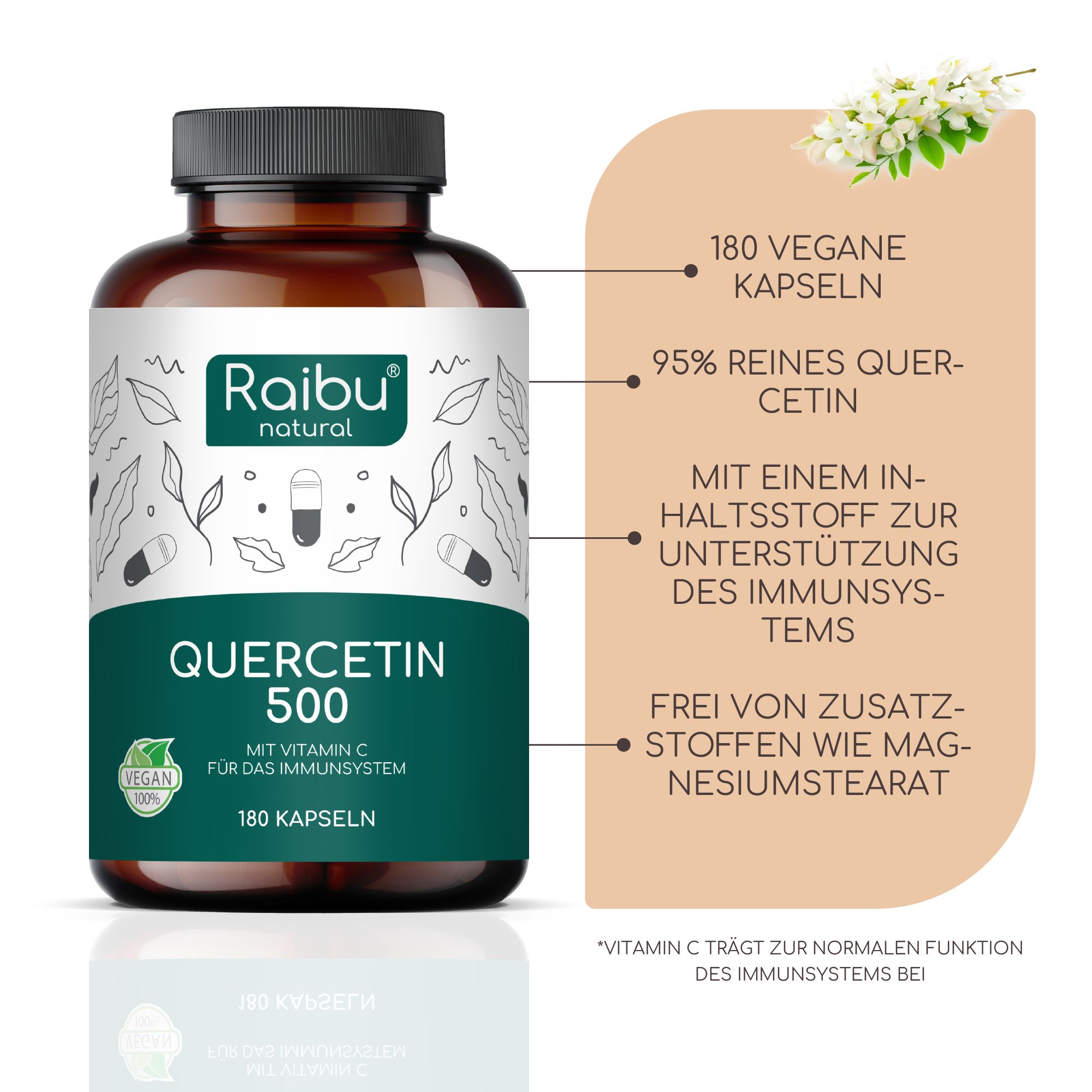 Flasche mit Kapseln. Aufschrift: Raibu natural, Quercetin 500, 180 Kapseln, Vegan-Siegel. 95% reines Quercetin.
