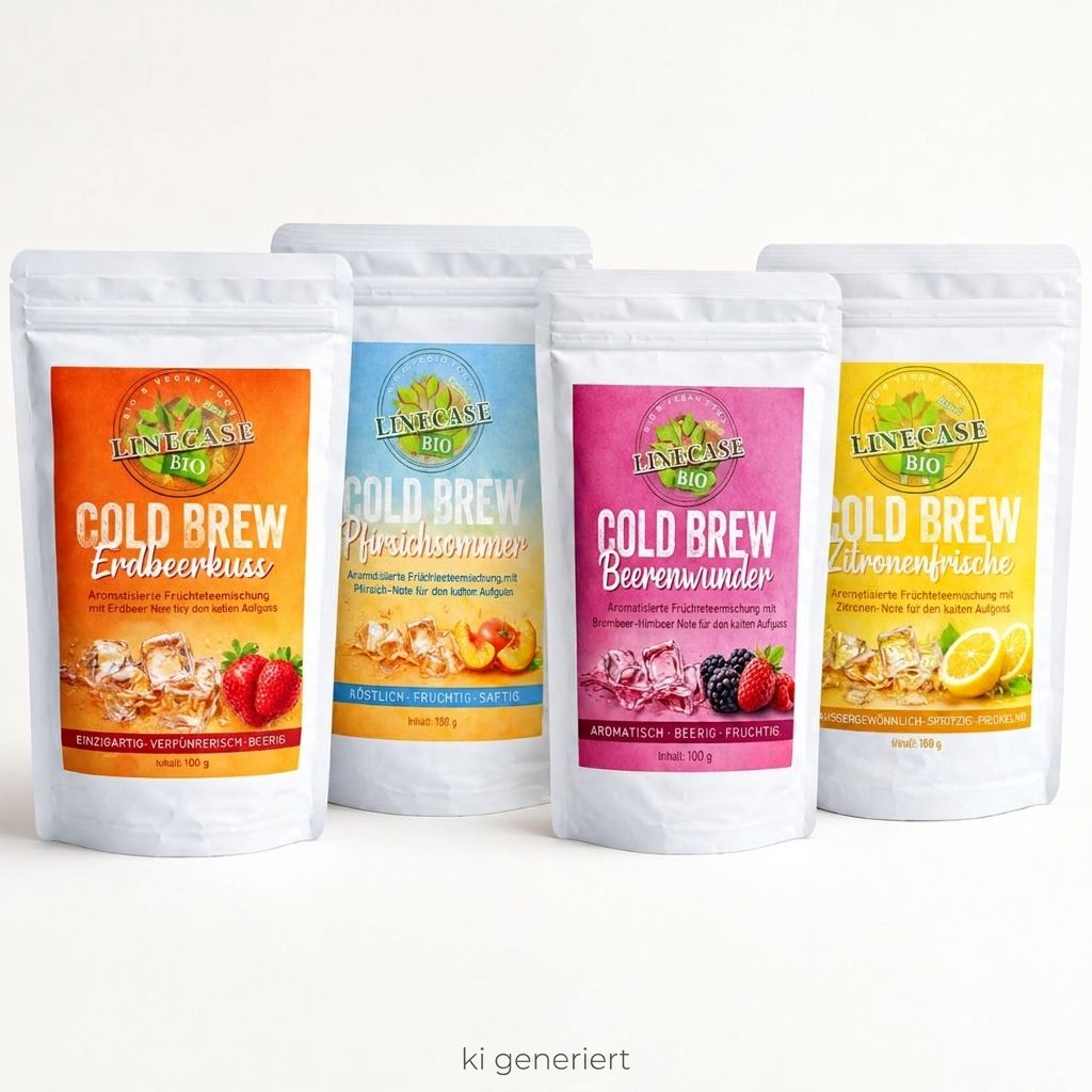 Vier Beutel Linecase Cold Brew Tee: Erdbeerkuss, Pfirsichsommer, Beerenwunder, Zitronenfrische.