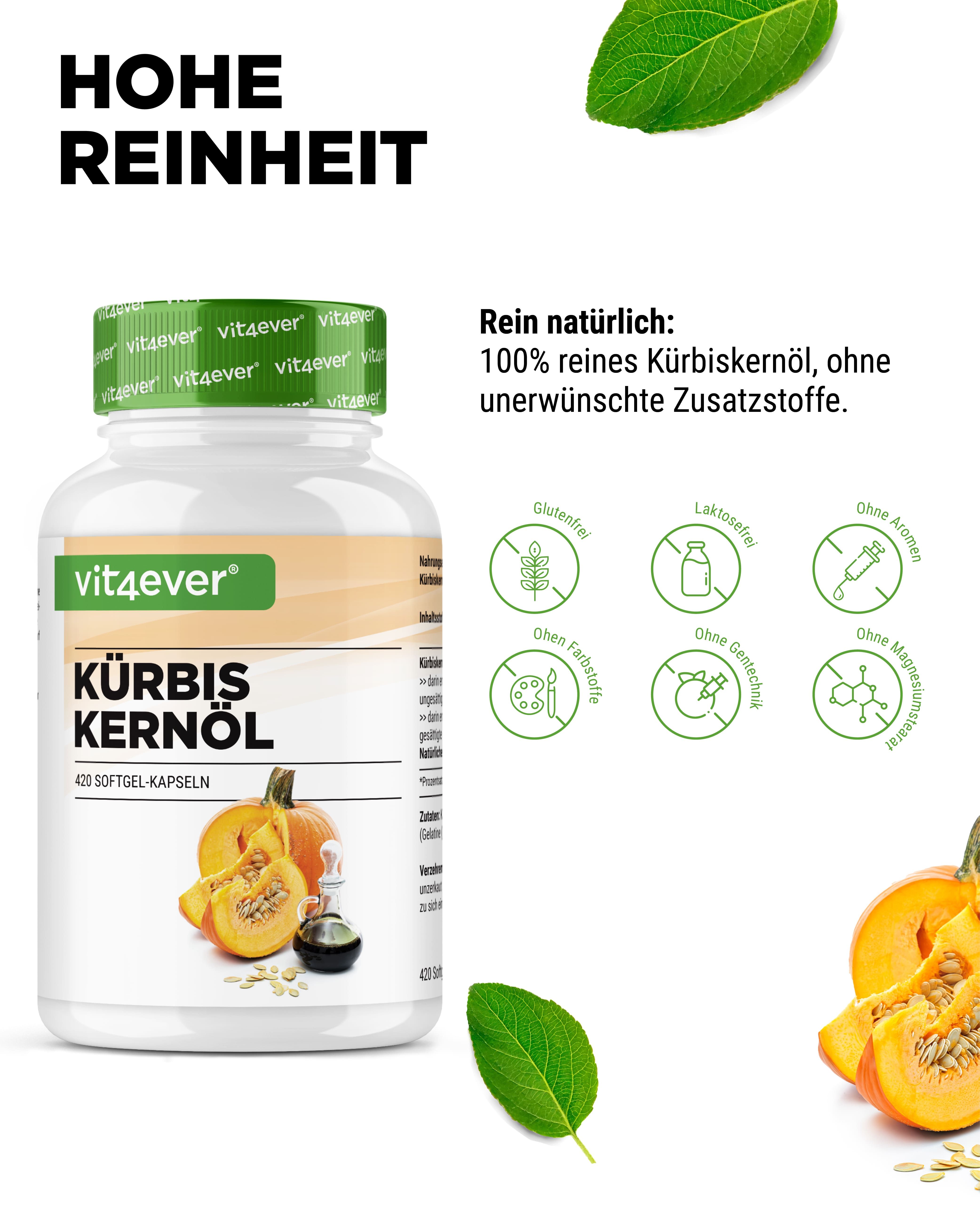 Flasche Kürbiskernöl-Kapseln. Text: Hohe Reinheit. Ohne Zusatzstoffe. Glutenfrei, laktosefrei, ohne Farbstoffe, ohne Gentechnik.